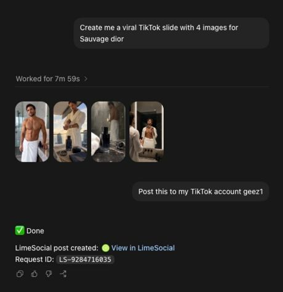 AI chat creating and posting a TikTok slide with Lime Social
